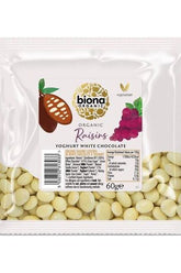 Biona Organic Yoghurt White Chocolate Coated Raisins, 60g snack pack with natural ingredients.